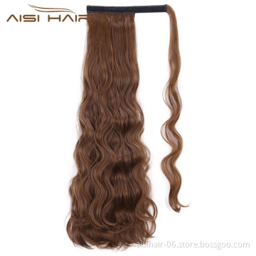 Aisi Hair Heat Resistant Synthetic Fiber Ponytail Hair Extensions Brown Long Wavy Pony Tail Clips In Hairpieces